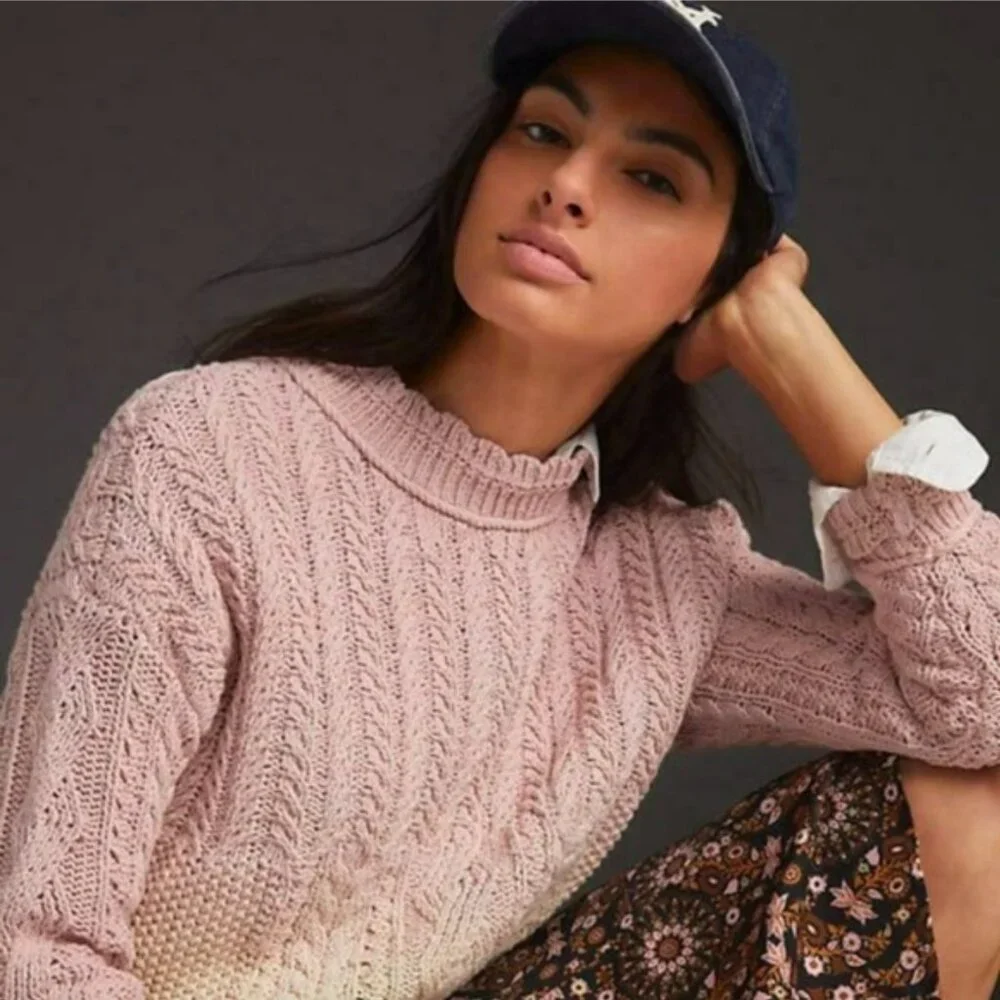 Anthropologie Pink White Ombre Dip Dye Knit Sweater Women's Size Small